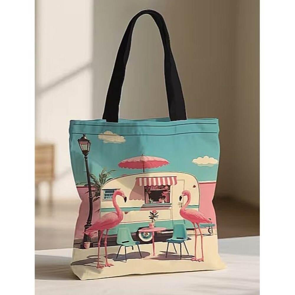 Retro Flamingo and Camper Tote Shoulder Bag 2-D Flat Printing Canvas Gift NEW